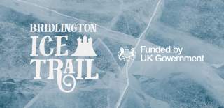 An icy background with the Bridlington Ice Trail logo and the words funded by UK Government.