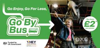 Go by Bus logo with a child enjoying a travel museum