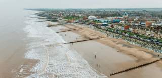 Aerial view of anglers along th beach