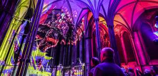 Interior of Salisbury Cathedral featuring Luxmuralis light installation