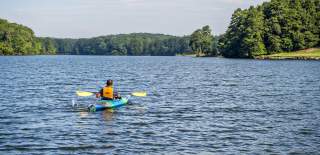 A person paddles a kayak across a serene lake surrounded by lush green trees under a clear blue sky.