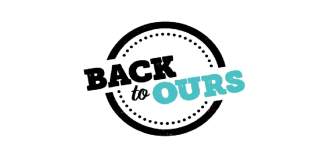 The Back to Ours Logo. Back in black bold text and Ours is in light blue bold text. To is in italic text and all words are in a black outlined circle.