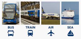 A montage showing accessible transport options in Hull, featuring a city bus, Northern Rail train, Ryanair aircraft and a P&O ferry, promoting easy travel to and around the city by bus, train, air and sea.