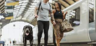 Man and woman walking down a platform in Hull Paragon Station holding hands. The man is wearing a grey t-shirt with black jeans and is walking a happy black labrador. The women is wearing a black vest with a leopard print midi skirt, large brown handbag & sandals. They are walking beside a grey TransPennine Express train. The sun is shining through the curved roof and yellow banners are hanging from the ceiling.