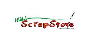 Hull Scrapstore logo - Hull text is in green paint with a paintbrush running along the top of the red word 'scrapstore' in red text.