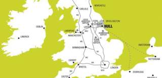 Map showing Hull’s connections across the UK and Europe, highlighting major cities, transport routes, airports and ferry links, with Hull marked as a central travel hub."