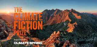 The Climate Fiction Prize in orange text with a background of mountains at sunrise. Supported by Climate Spring is in white text at the bottom.