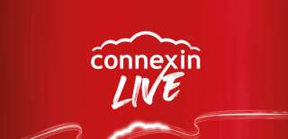 The connexin live logo on a red background. white text says connexin live with a white outline of a cloud above it.