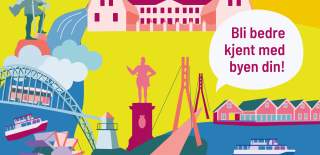 Fargerike illustrasjon av diverse landemerker i Nedre Glomma. Illustrasjon/grafikk.
