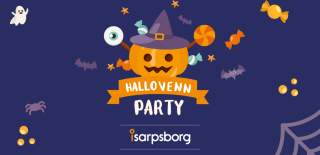 HalloVenn. Gresskar, godteri, flaggermus og andre illustrasjoner mot lilla bakgrunn. Grafikk.