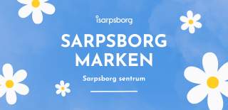 Sarpsborgmarken - hvite og gule blomster mot blå bakgrunn. Illustrasjon.