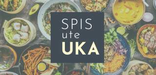 Logoen til Spis ute uka mot bakgrunnsfoto: Bord med ulike matretter. Foto.