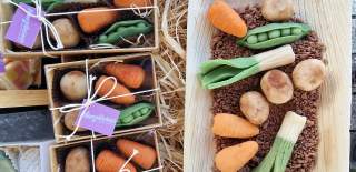 Vegetable-shaped marzipan for sale at a Hampshire Farmers' Market