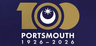 Portsmouth 100 logo in gold on a blue background