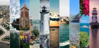 Composite of ten photographs arranged in narrow bars, each depicting some of Portsmouth's twin, sister and other partner cities