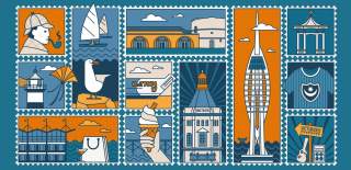 Illustrations on the front cover of the Portsmouth Visitor Guide 2025