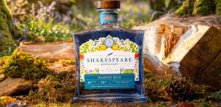 A bottle of Hamnet Blue Gin from the Shakespeare Distillery nestled on the floor of a flowery and mossy woodland