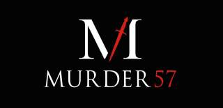 A black background. In the centre is a letter M in upper case in white and red, the central right part of the M is depicted by a red sword. Beneath the letter M in upper case is the phrase MURDER 57 with Murder in White and 57 in red font.