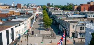 Birds eye view shot of pedestrian precinct on a sunny day