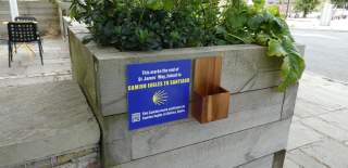 SST James' Way Pilgrimage sign on planter outside Gods House Tower