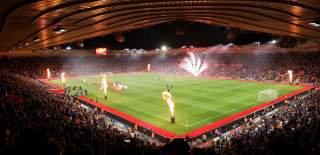 St Marys Football Stadium view from seats with fireworks on pitch