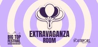 A purple and cream circle pattern background. It has an illustration os a bunch of balloons in the middle. It says Big Top Festival in the bottom left.