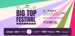 A design for the Big Top Festival with green, purple, pink and red stripes coming from the top right corner. It says 'Big Top Festival' in purple text.