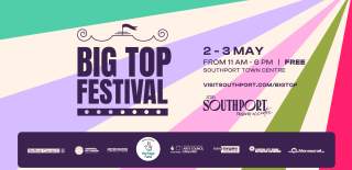 An asset for Big Top Festival which has green, purple, pink and red stripes coming from the top right corner. It says 'Big Top Festival' in purple writing. There is a purple box at the bottom that has a range of sponsors in.