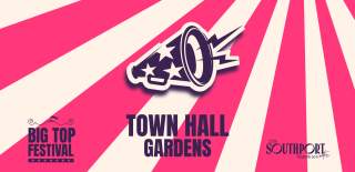 A pink and cream striped background with an illustration of a megaphone in the middle. It says 'Town Hall Gardens' underneath.
