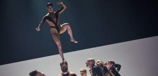 A group of acrobatic performers in matching gold‑and‑black geometric costumes form a dramatic balance pose. One performer stands on another’s head on a single leg while the surrounding dancers look upward, illuminated against a dark gradient background.