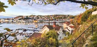 A autumn view of Risør showing the harbour and historic town centre