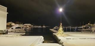 snø i skjærgården med juletre