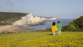 A couple walk across a yellow wildflower meadow on Seaford Head, looking towards the white cliffs of Seven Sisters