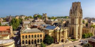 An aerial view of the Wills Memorial Building and Bristol Museum at the top of Park Street in central Bristol