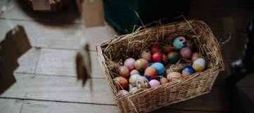 Decorated eggs in a basket at the Ulster American Folk Park.