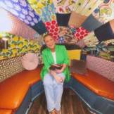 woman in a colorful room
