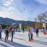 Several families ice skate together during the day
