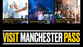 Artwork with attractions and Visit Manchester Pass logo