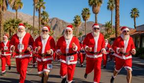 Group of Santas running in race