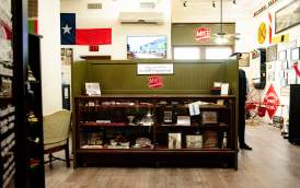 Interior of the Red River Railroad museum in the Katy Depot. Shelving unit of local history donated from family members whose parents and grandparents worked for the MKT.