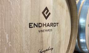 Endhardt Vineyards oak barrel of Symphony aging in the Purcellville Virginia cellar in Loudoun