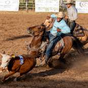 Photo of team of ropers chasing down a calf in the Team roping competition