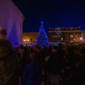 people gathered on the street in front of the christmas tree on walker square for light up downtown