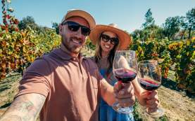 Guy and girl with wine glasses and red wine in vineyard