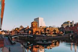 Birmingham's canals diverge at a crossing, heading both to the right (toward the ICC) and the left (toward the Jewelry Quarter)