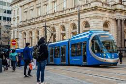 Blue Metro Tram outside Birmingham Grand Central