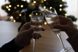 two people toasting with a glass of bubbly christmas tree in the background