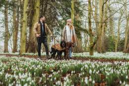 A couple walking their two dogs amongst the snowdrops at Burton Agnes Hall in East Yorkshire.