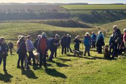 A large group of walkers and their dogs enjoying a guided walk through the Yorkshire Wolds.