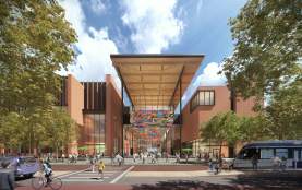 Austin Convention Center rendering showing the new building's West Entrance from street level with pedestrians, cyclists and a light rail along the street. The multi-story building includes a mural along the ceiling of the entrance